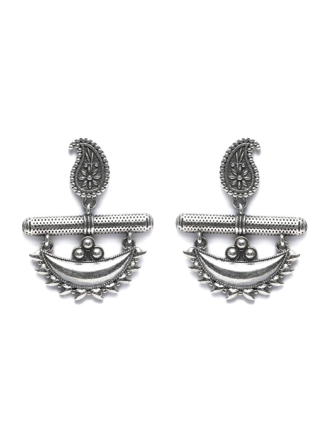 Women's Oxidised Silver Crescent Moon Tribal Drop Earrings- Priyaasi - Indiakreations