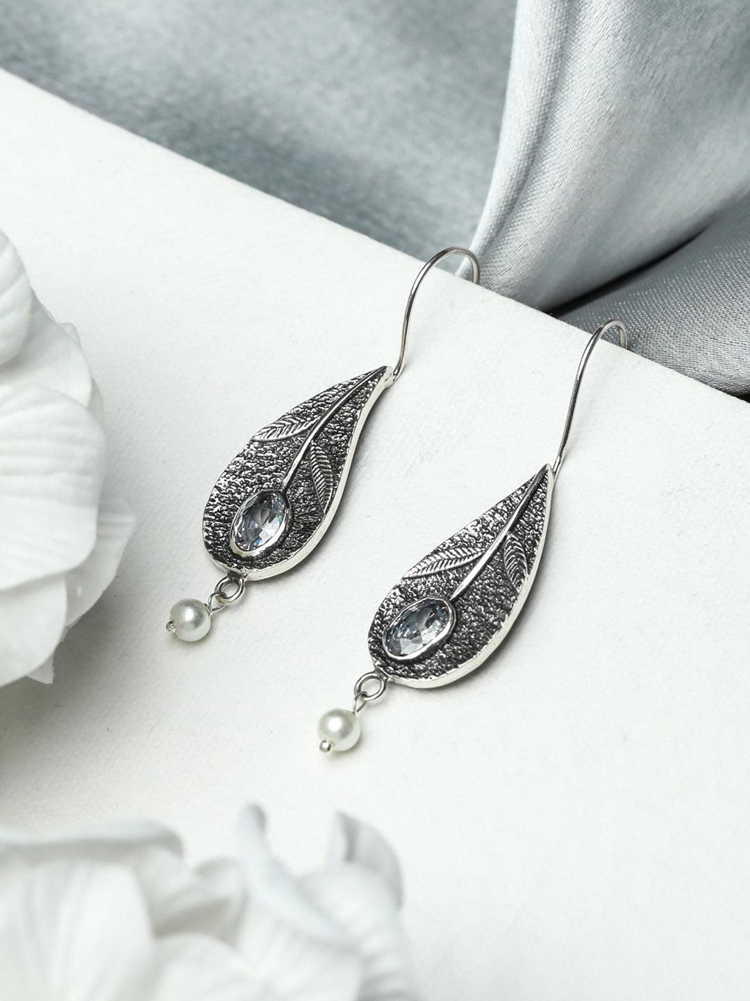 Women's Oxidised Silver Stone Studded Tulip Flower Drop Earrings - Priyaasi - Indiakreations