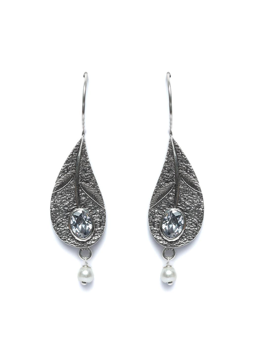 Women's Oxidised Silver Stone Studded Tulip Flower Drop Earrings - Priyaasi - Indiakreations