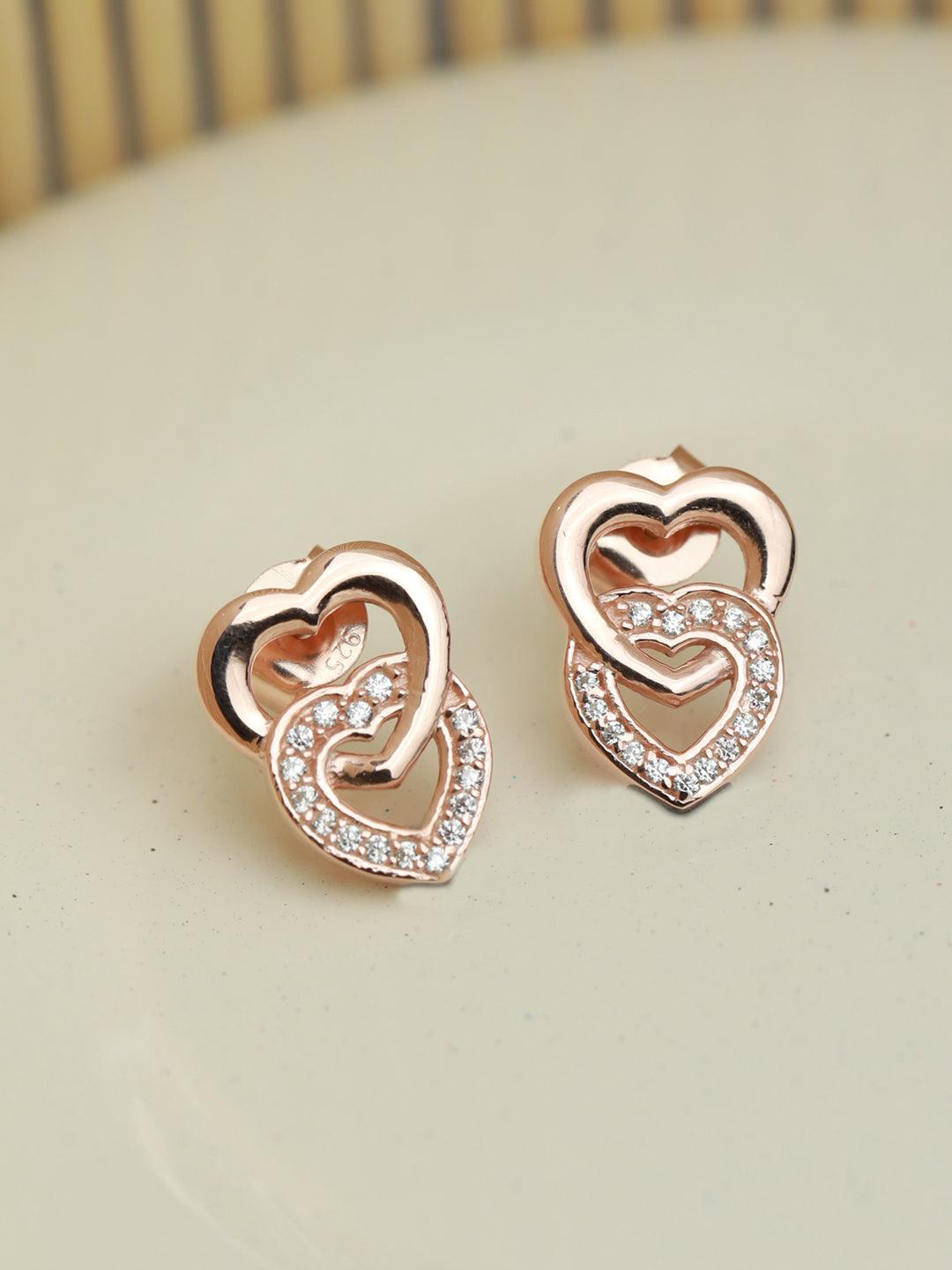 Women's Rose Gold Dual Heart Sterling Silver Studs - Priyaasi - Indiakreations