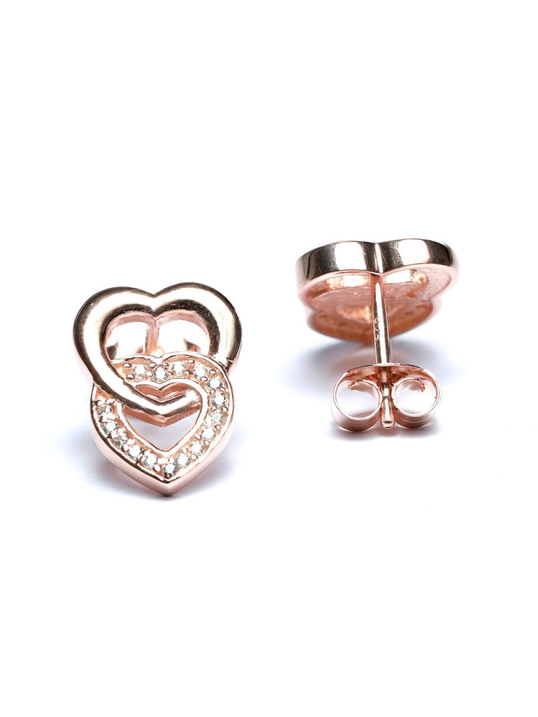 Women's Rose Gold Dual Heart Sterling Silver Studs - Priyaasi - Indiakreations