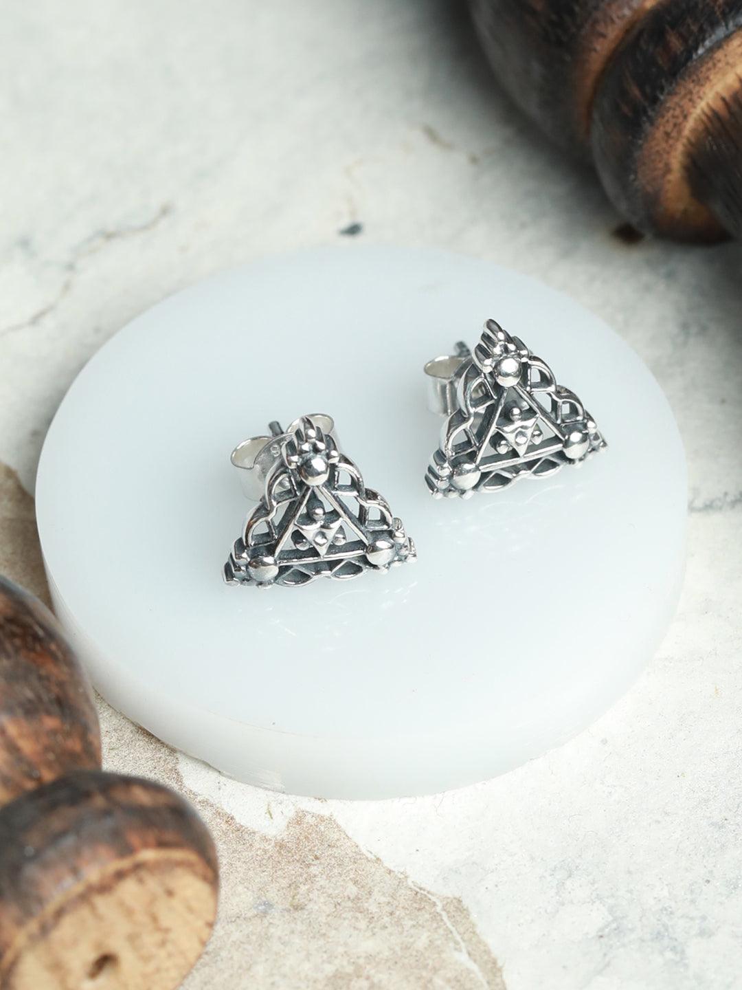 Women's Oxidised Silver Floral Triangle Studs - Priyaasi - Indiakreations