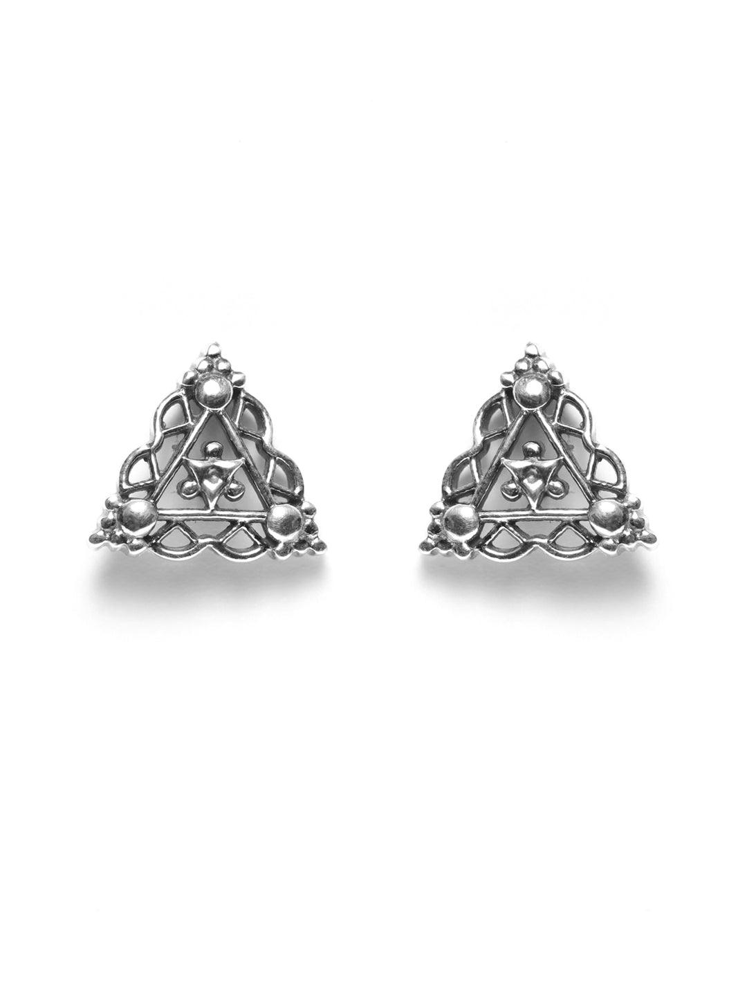 Women's Oxidised Silver Floral Triangle Studs - Priyaasi - Indiakreations