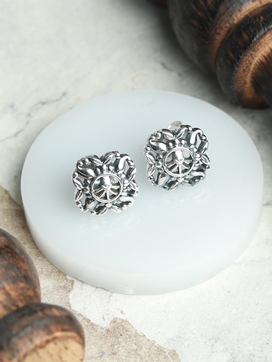 Women's Oxidised Silver Boho Floral Studs - Priyaasi - Indiakreations