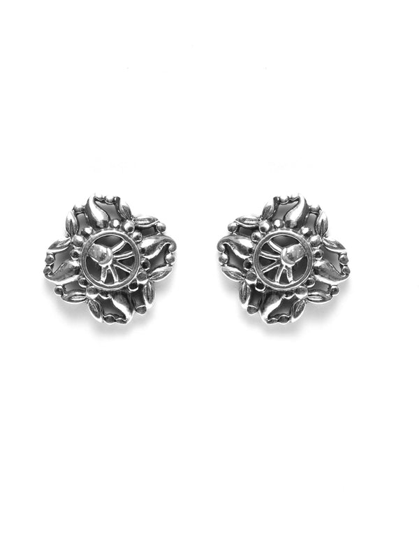 Women's Oxidised Silver Boho Floral Studs - Priyaasi