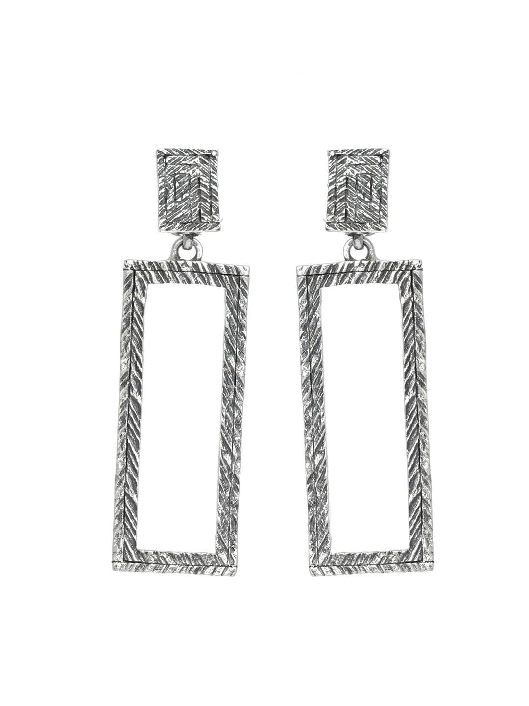 Women's Long Block Oxidised Silver Drop Earrings - Priyaasi - Indiakreations