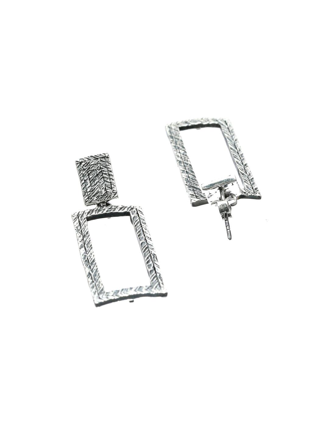 Women's Long Block Oxidised Silver Drop Earrings - Priyaasi - Indiakreations