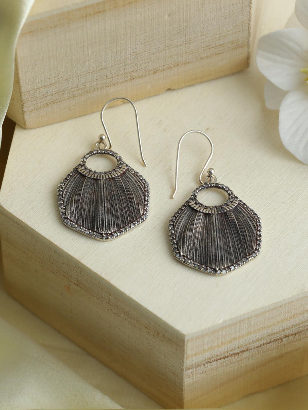 Women's Feather Textured Oxidised Silver Drop Earrings - Priyaasi - Indiakreations