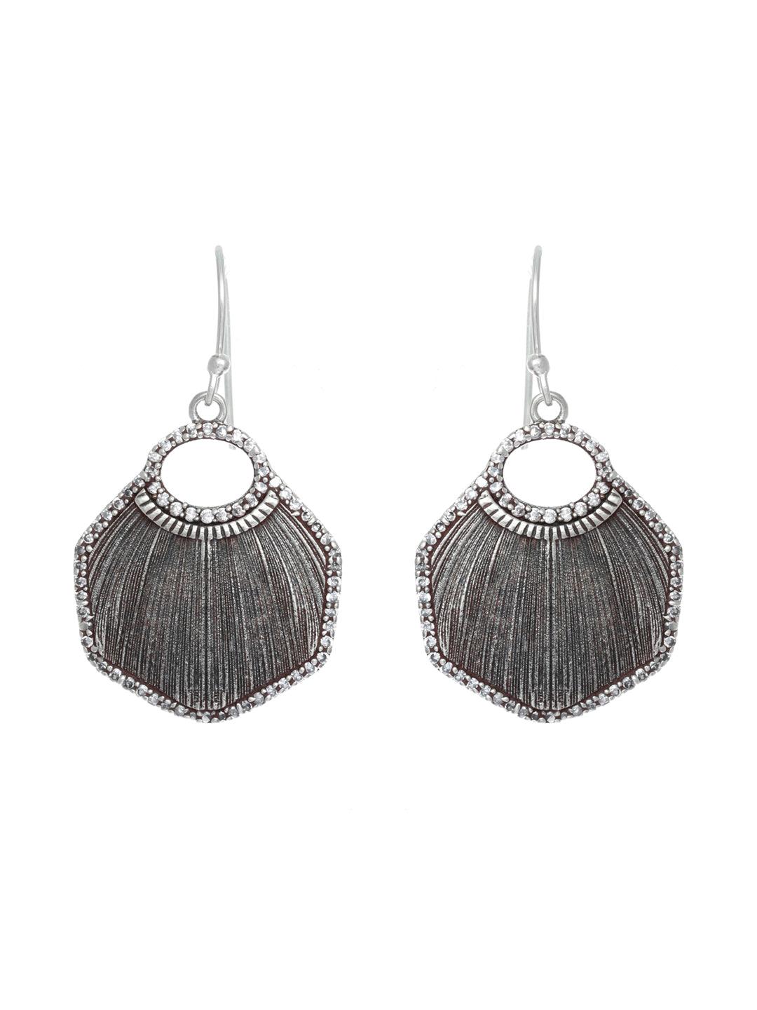 Women's Feather Textured Oxidised Silver Drop Earrings - Priyaasi - Indiakreations