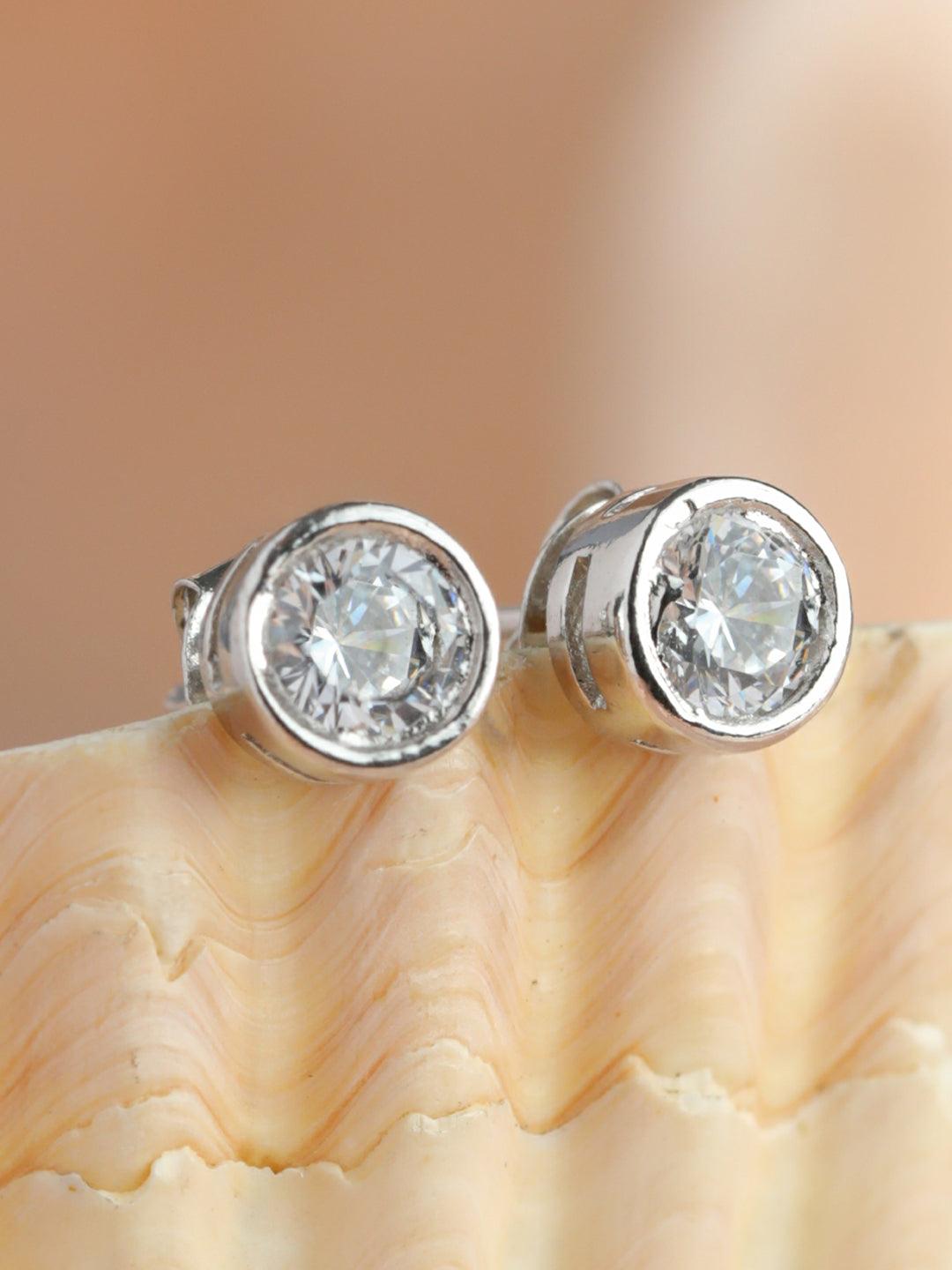 Women's Silver Round Solitaire Stud Earrings - Priyaasi - Indiakreations