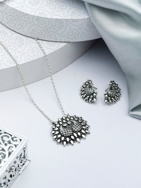 Women's Peacock Twirl - Oxidised Silver Peacock Jewellery Set - Priyaasi