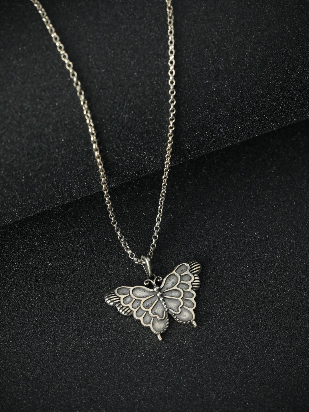 Women's Oxidised Silver Butterfly Pendant Necklace - Priyaasi - Indiakreations