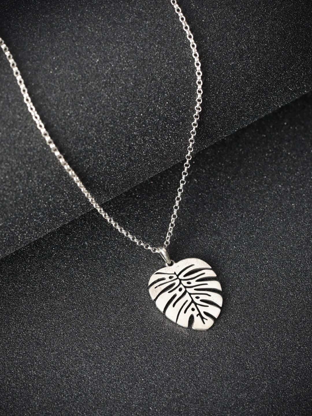 Women's Engraved Leaf Oxidised Silver Pendant Necklace - Priyaasi - Indiakreations