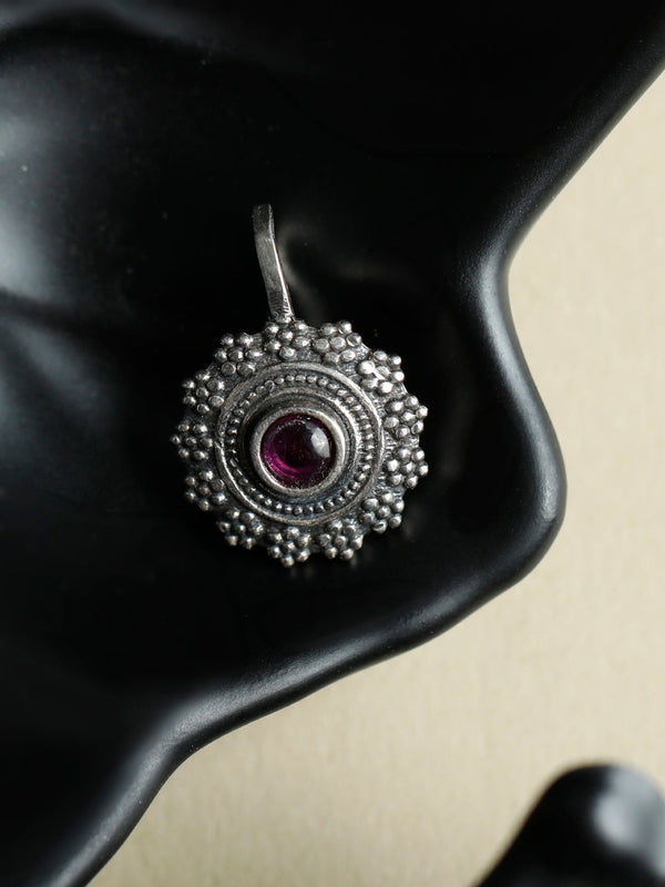 Women's Oxidised Silver Ruby Stone Studded Floral Nath - Priyaasi