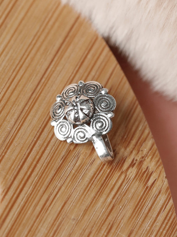 Women's Oxidised Silver Stone Studded Floral Nose Pin- Priyaasi