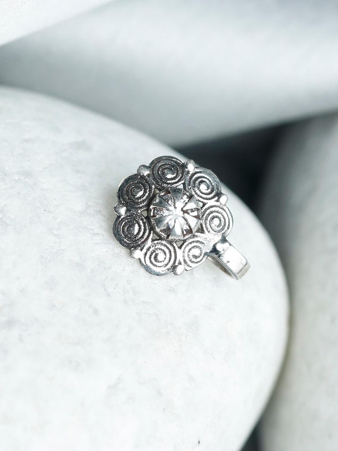 Women's Oxidised Silver Stone Studded Floral Nose Pin- Priyaasi - Indiakreations