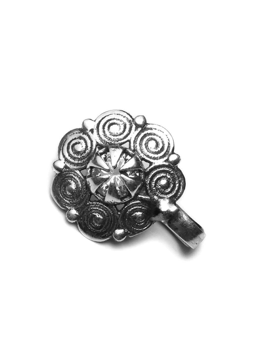 Women's Oxidised Silver Stone Studded Floral Nose Pin- Priyaasi - Indiakreations