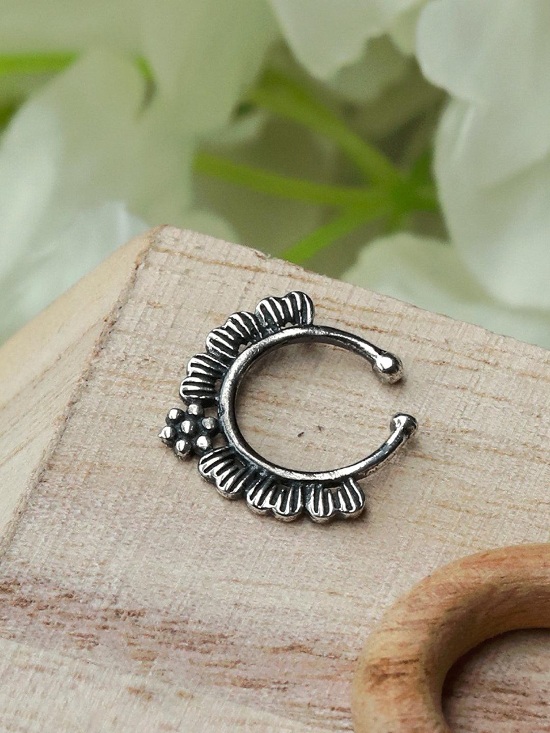 Women's Oxidised Silver Vintage Floral Septum Nose Ring - Priyaasi - Indiakreations