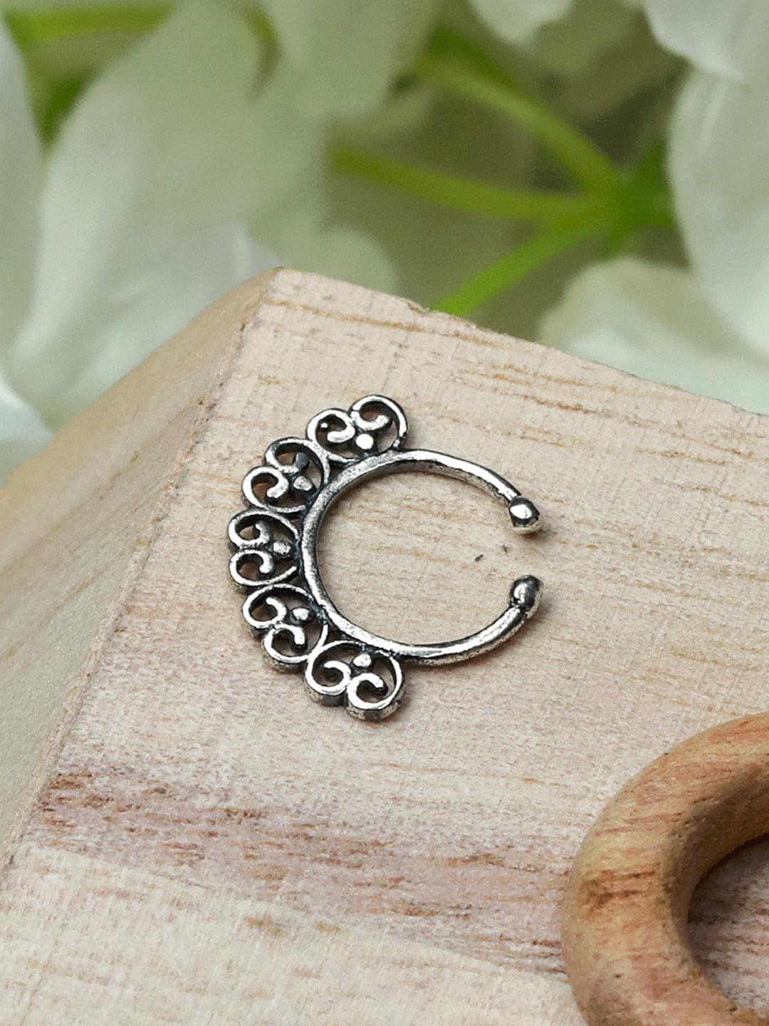 Women's Oxidised Silver Filigree Floral Septum Nose Ring - Priyaasi - Indiakreations