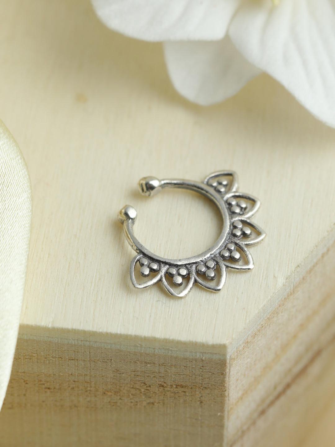 Women's Oxidised Silver Leaf Pattern Septum Nose Ring - Priyaasi - Indiakreations