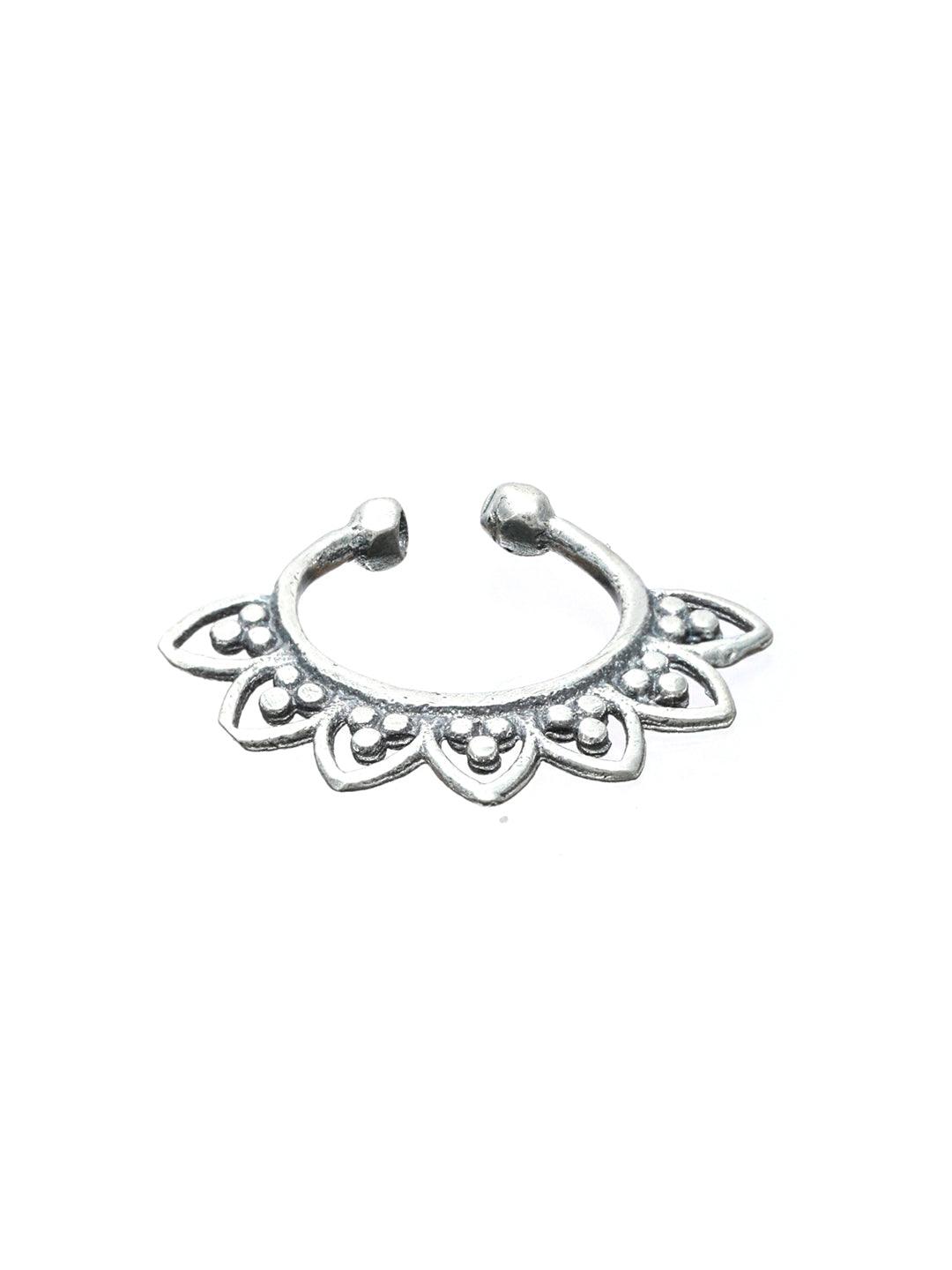 Women's Oxidised Silver Leaf Pattern Septum Nose Ring - Priyaasi - Indiakreations