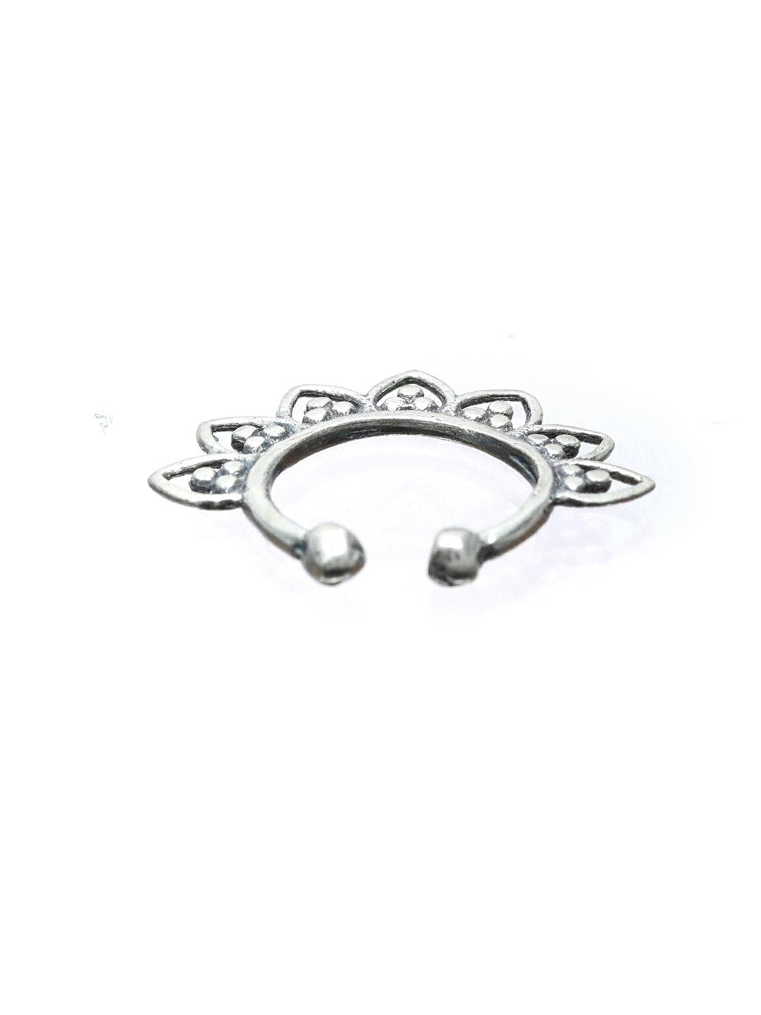 Women's Oxidised Silver Leaf Pattern Septum Nose Ring - Priyaasi - Indiakreations