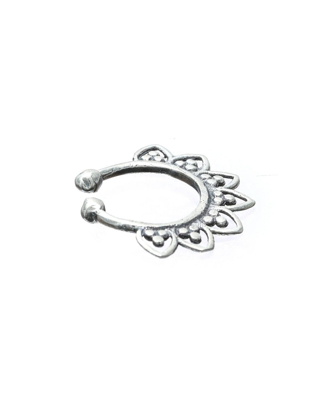 Women's Oxidised Silver Leaf Pattern Septum Nose Ring - Priyaasi - Indiakreations