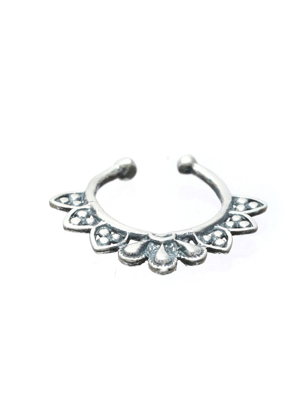 Women's Oxidised Silver Floral Leaf Septum Nose Ring - Priyaasi - Indiakreations