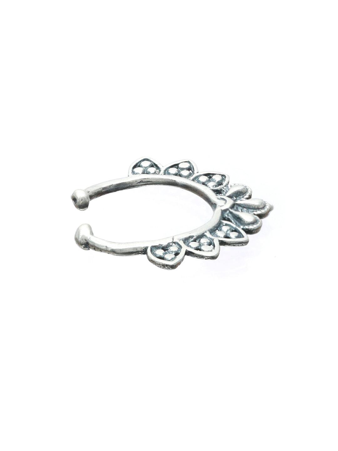 Women's Oxidised Silver Floral Leaf Septum Nose Ring - Priyaasi - Indiakreations