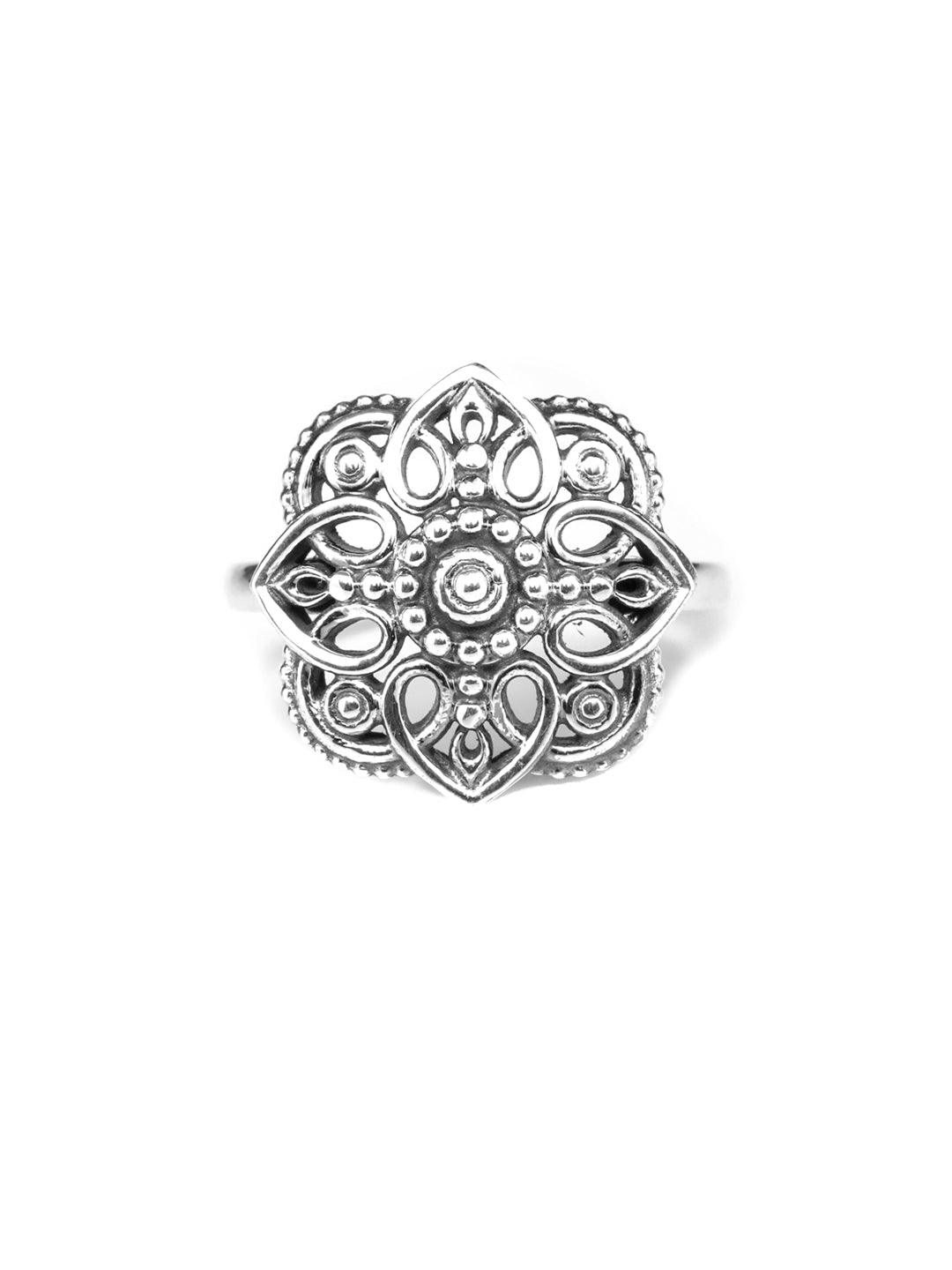 Women's Oxidised Silver Blooming Flower Ring - Priyaasi - Indiakreations