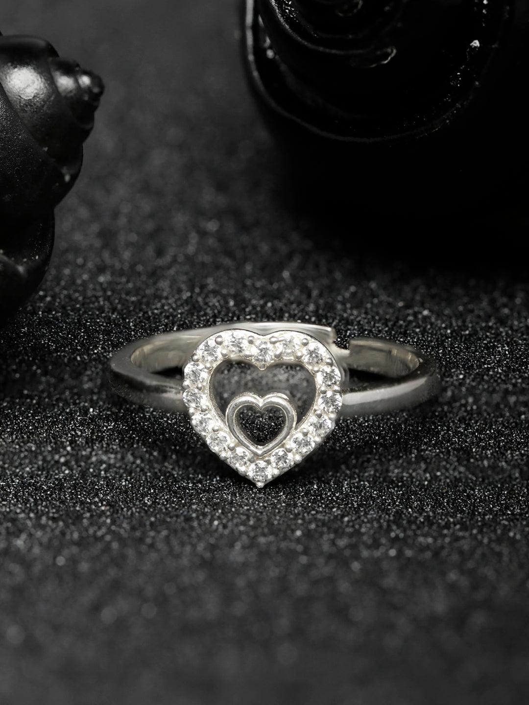 Women's Heart in Heart Sterling Silver Zircon Ring - Priyaasi - Indiakreations