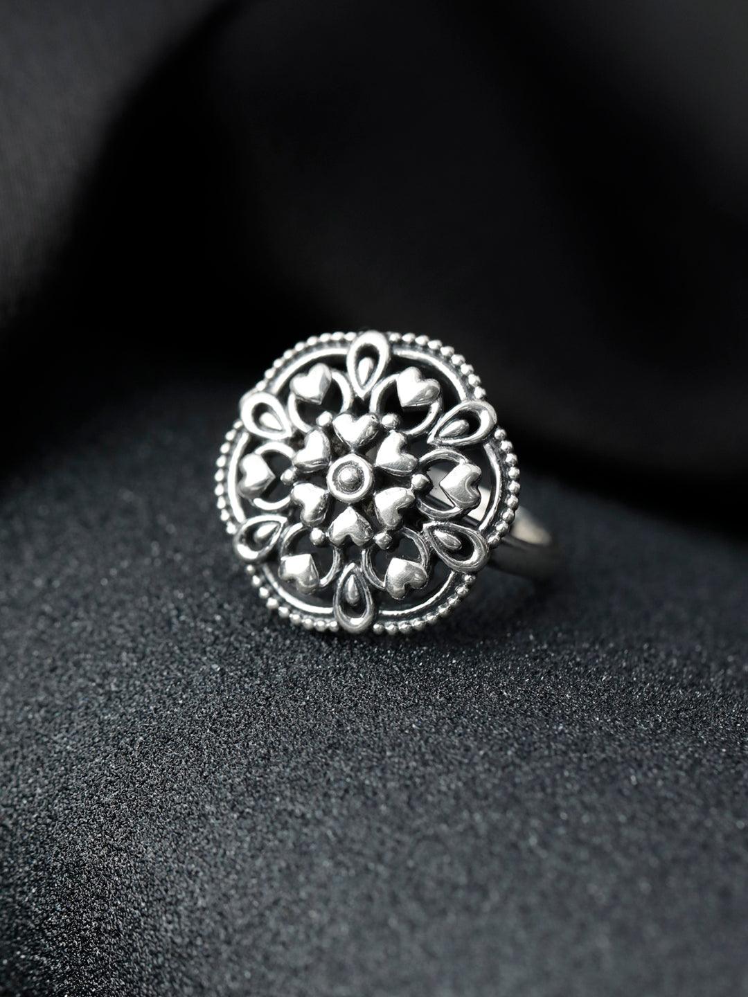 Women's Oxidised Silver Floral Hearts Boho Ring - Priyaasi - Indiakreations