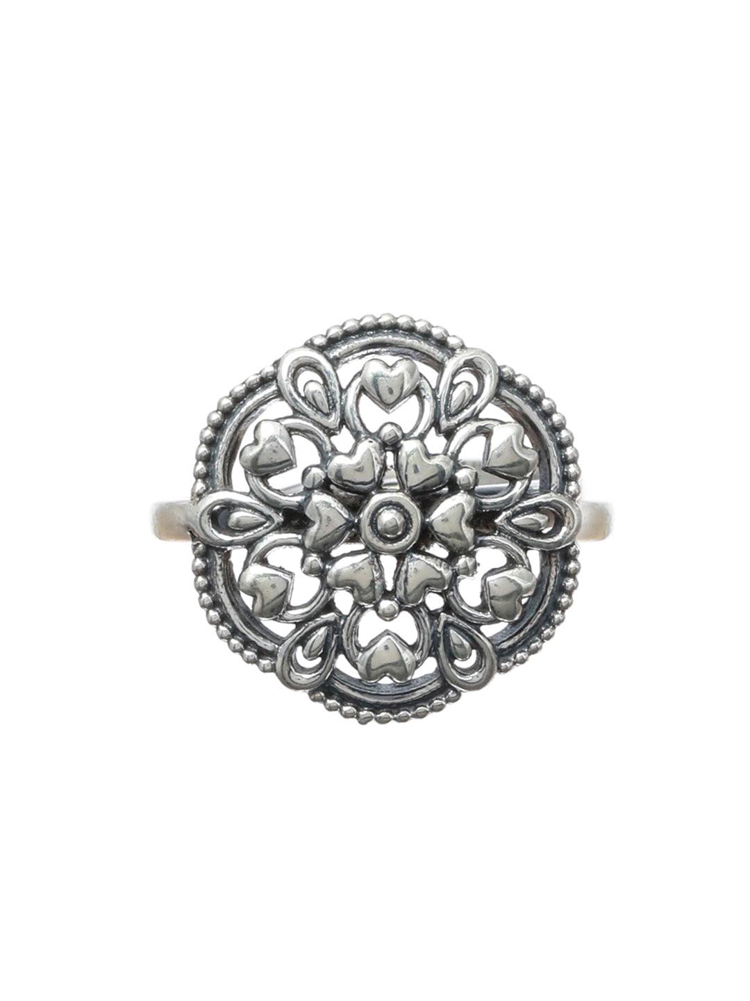 Women's Oxidised Silver Floral Hearts Boho Ring - Priyaasi - Indiakreations