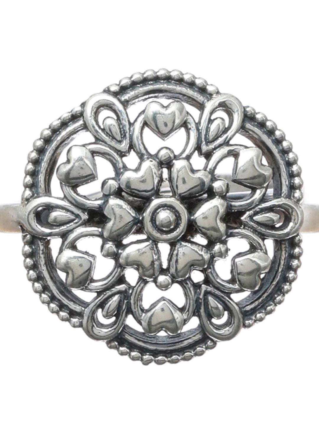 Women's Oxidised Silver Floral Hearts Boho Ring - Priyaasi - Indiakreations