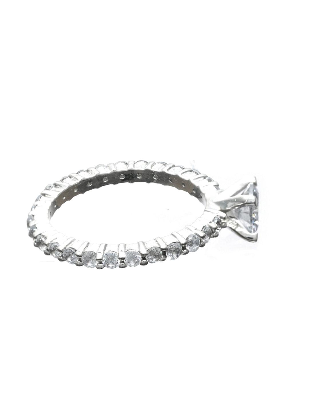 Women's Cubic Zirconia Studded Solitaire Silver Ring - Priyaasi - Indiakreations