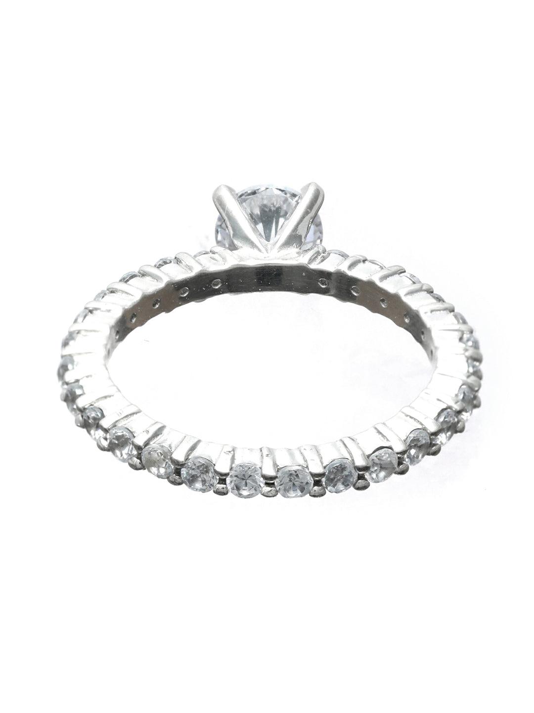 Women's Cubic Zirconia Studded Solitaire Silver Ring - Priyaasi - Indiakreations