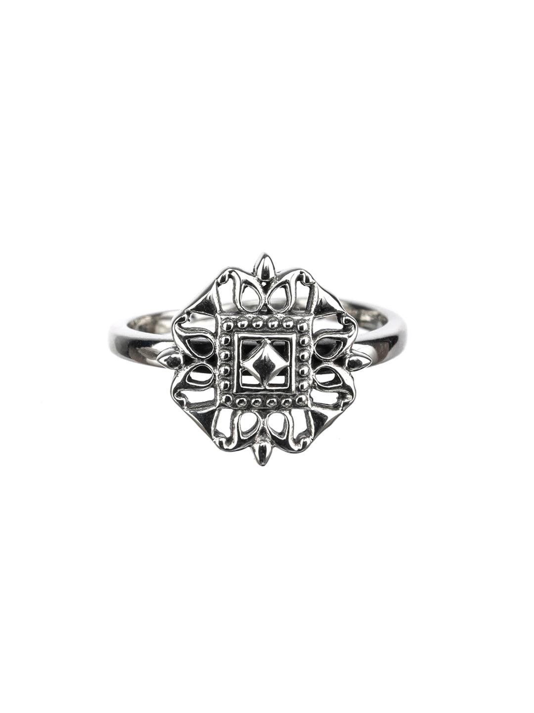 Women's Antique Motif Oxidised Silver Ring - Priyaasi - Indiakreations