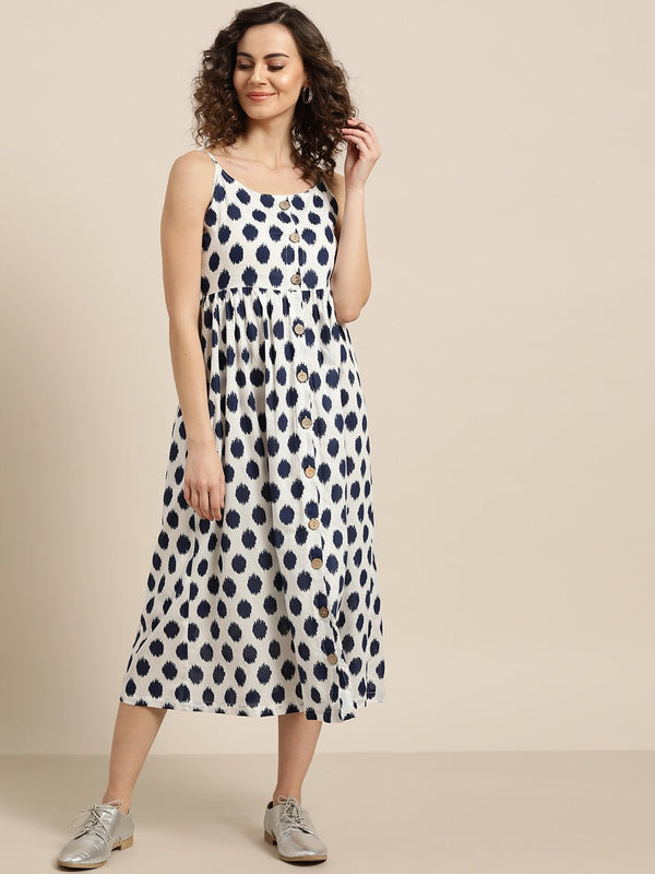 Women's Navy Polka Strappy Front Button Dress - SASSAFRAS