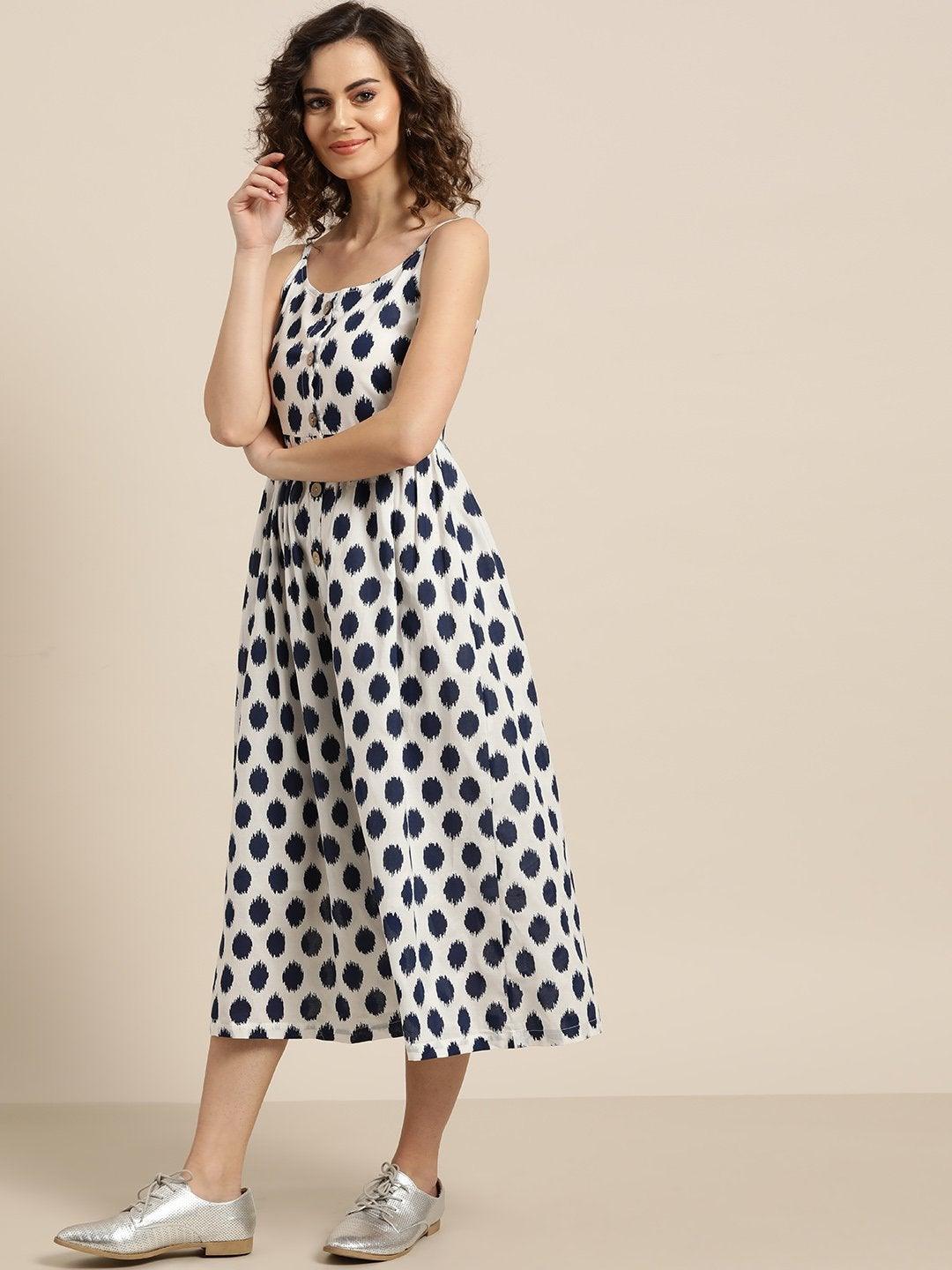 Women's Navy Polka Strappy Front Button Dress - SASSAFRAS - Indiakreations