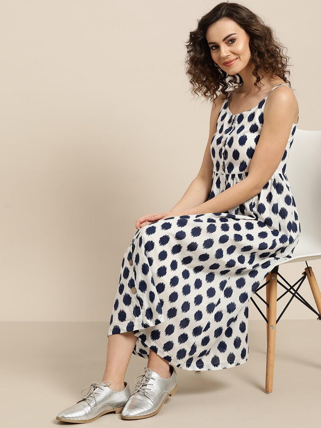 Women's Navy Polka Strappy Front Button Dress - SASSAFRAS - Indiakreations