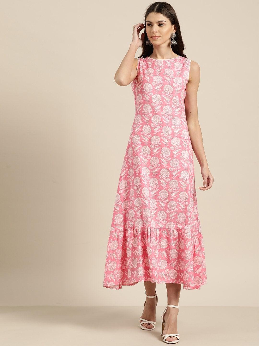 Women's Pink Floral Tiered Hem Sleeveless Midi Dress - SASSAFRAS - Indiakreations