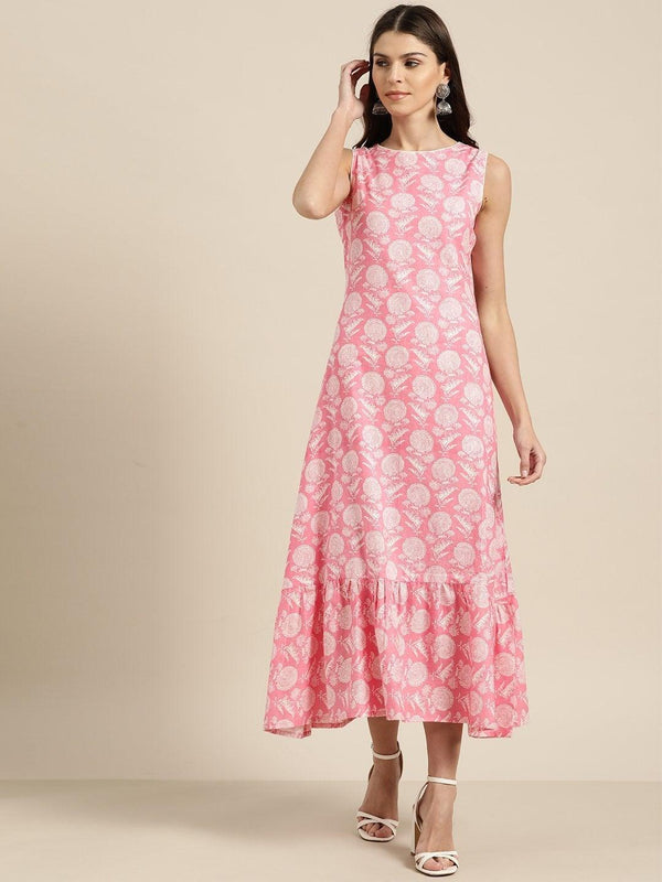 Women's Pink Floral Tiered Hem Sleeveless Midi Dress - SASSAFRAS - Indiakreations