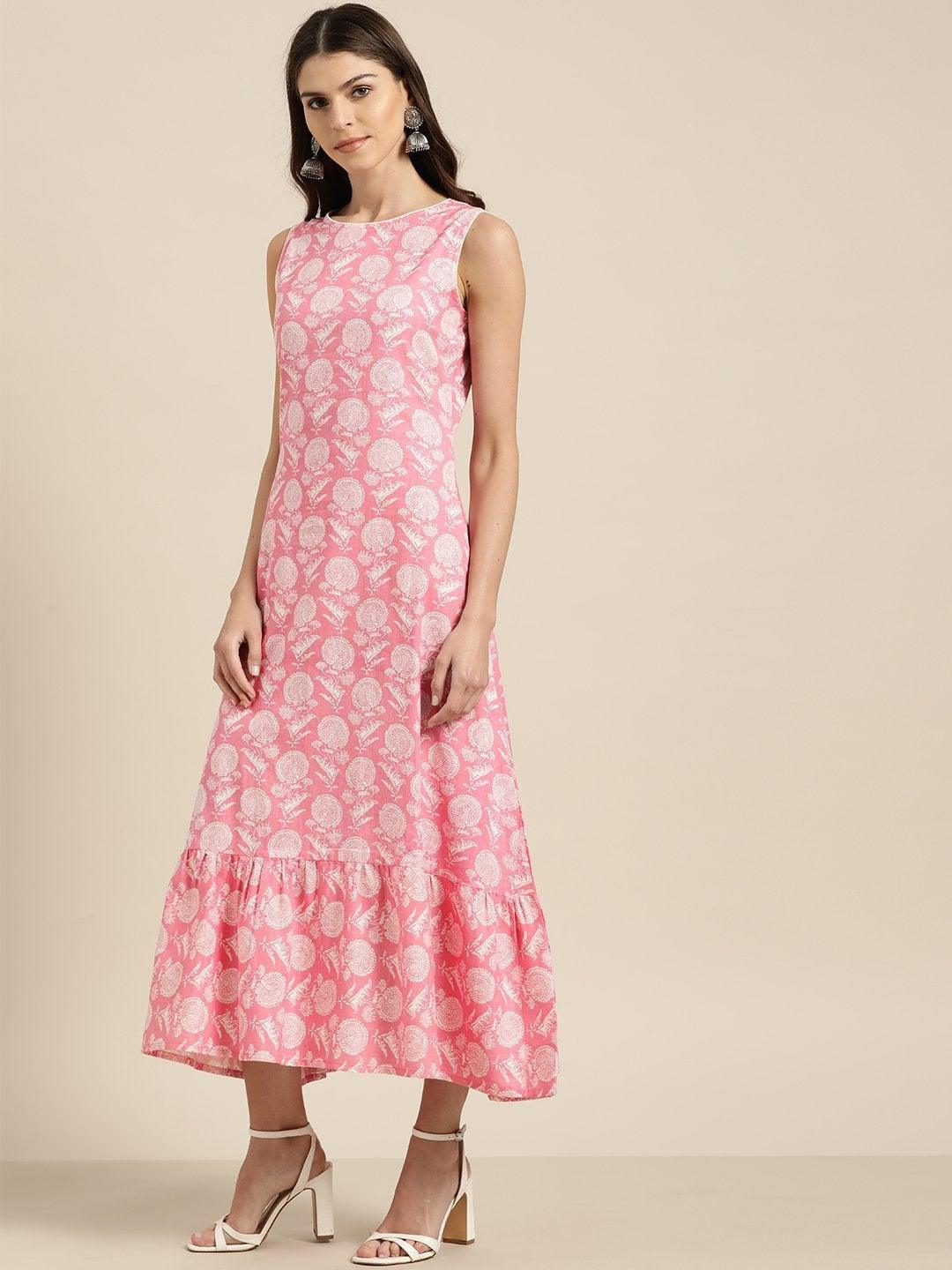 Women's Pink Floral Tiered Hem Sleeveless Midi Dress - SASSAFRAS - Indiakreations