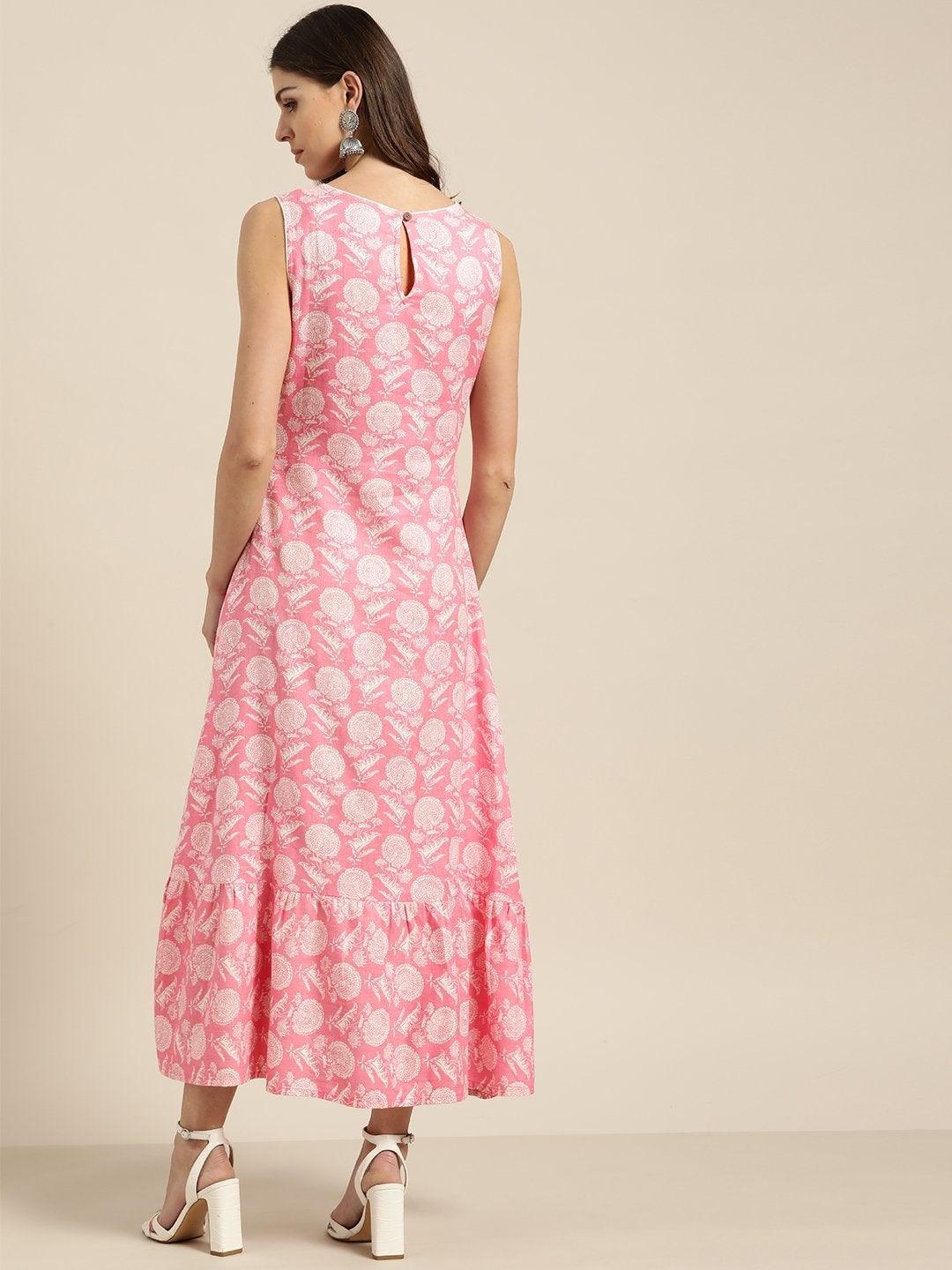 Women's Pink Floral Tiered Hem Sleeveless Midi Dress - SASSAFRAS - Indiakreations