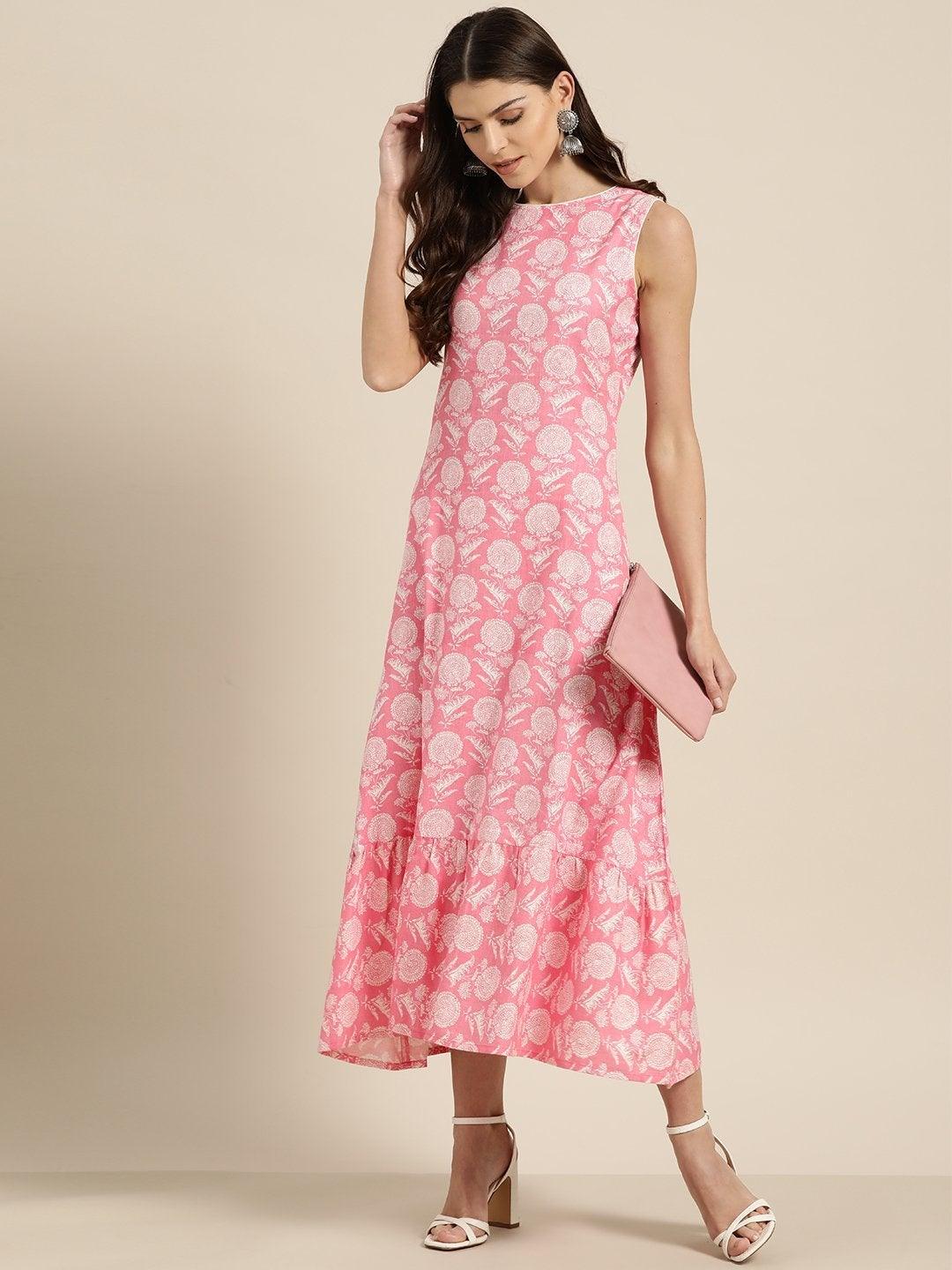 Women's Pink Floral Tiered Hem Sleeveless Midi Dress - SASSAFRAS - Indiakreations