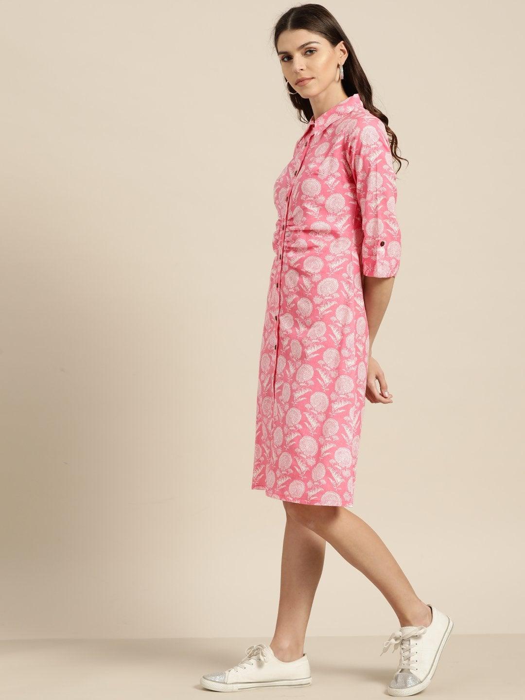 Women's Pink Floral Shirt Dress - SASSAFRAS - Indiakreations