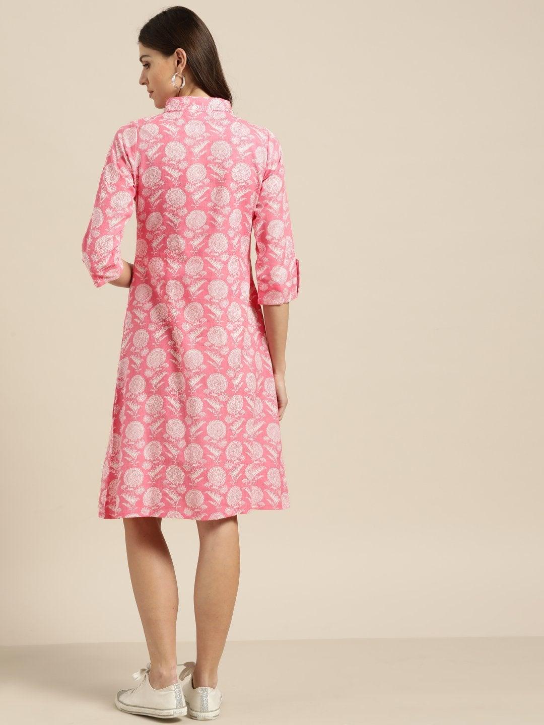 Women's Pink Floral Shirt Dress - SASSAFRAS - Indiakreations