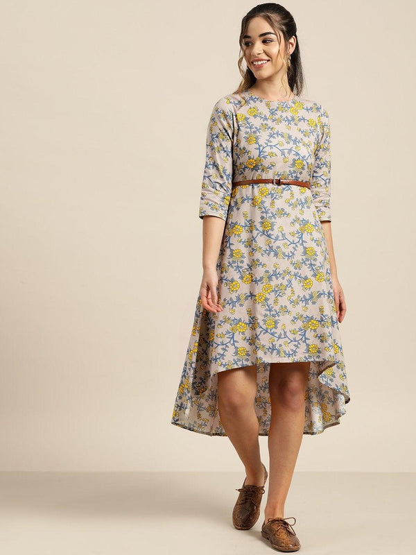 Women's Grey Floral High Low Dress With Pu Belt - SASSAFRAS - Indiakreations