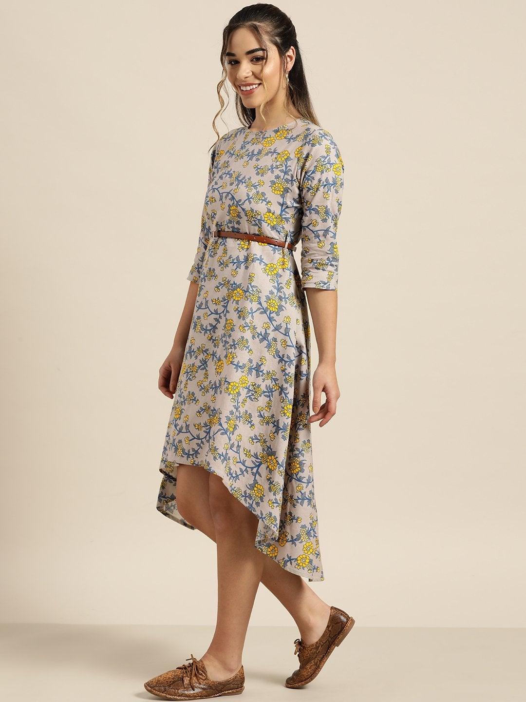 Women's Grey Floral High Low Dress With Pu Belt - SASSAFRAS - Indiakreations