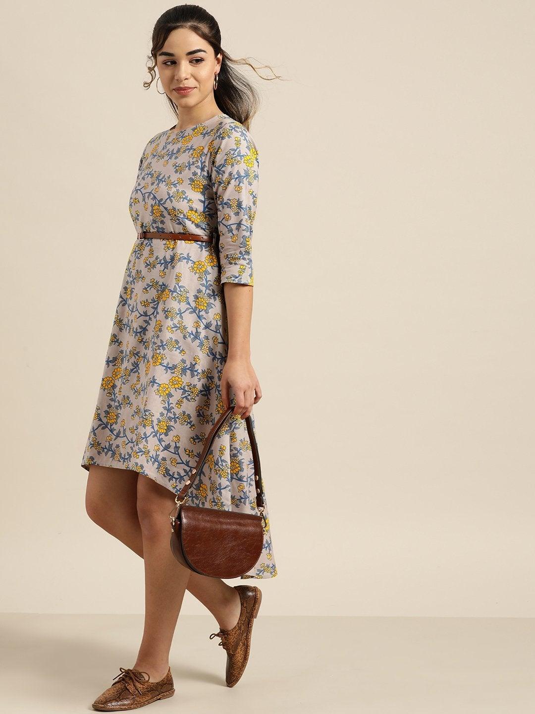 Women's Grey Floral High Low Dress With Pu Belt - SASSAFRAS - Indiakreations